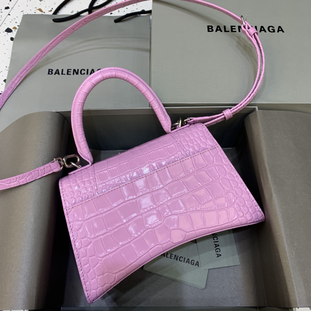 Balenciaga Hourglass Small Handbag Crocodile Embossed Shoulder Bag Pink Purple